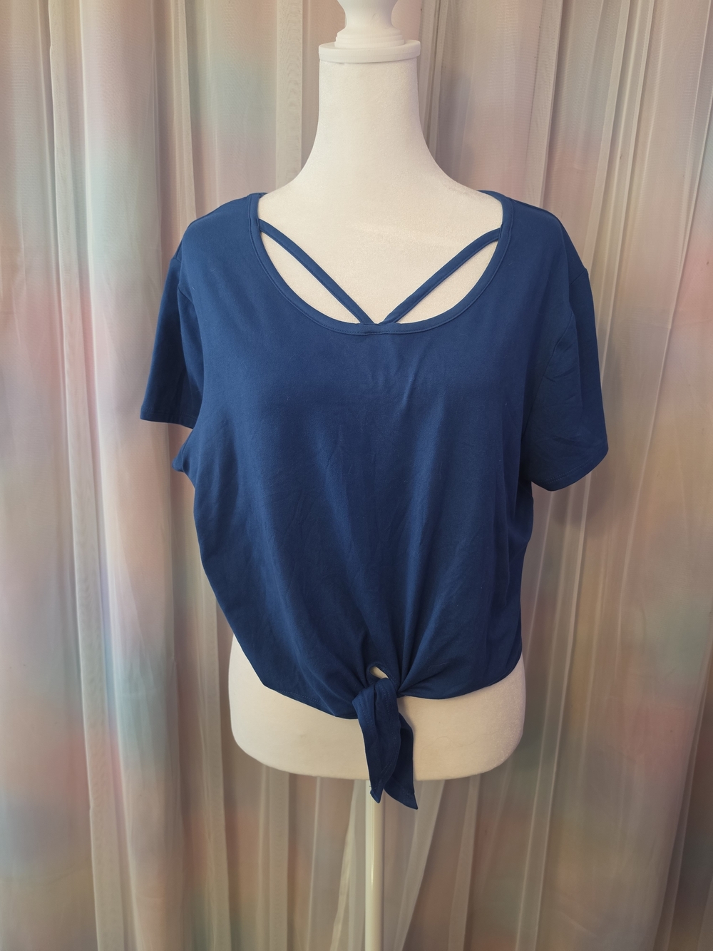 Love J Royal Blue Short Sleeve Knot-Front Crop Top With Strappy Detail Size XL